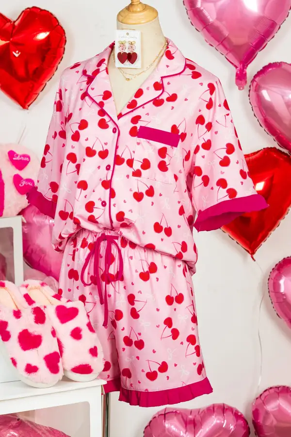 Bow Print Cherry Print Short Pajama Set