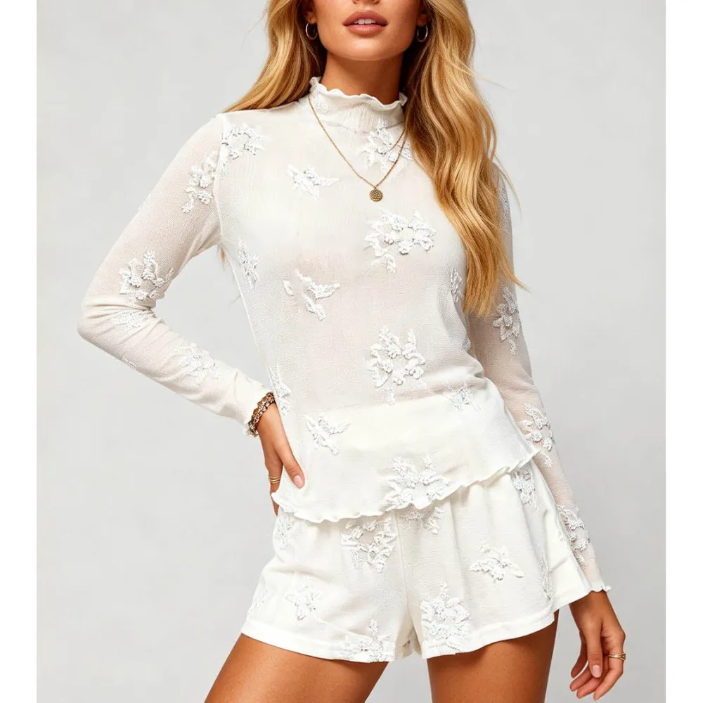 Embroidery Lace Sheer Wide Leg Shorts