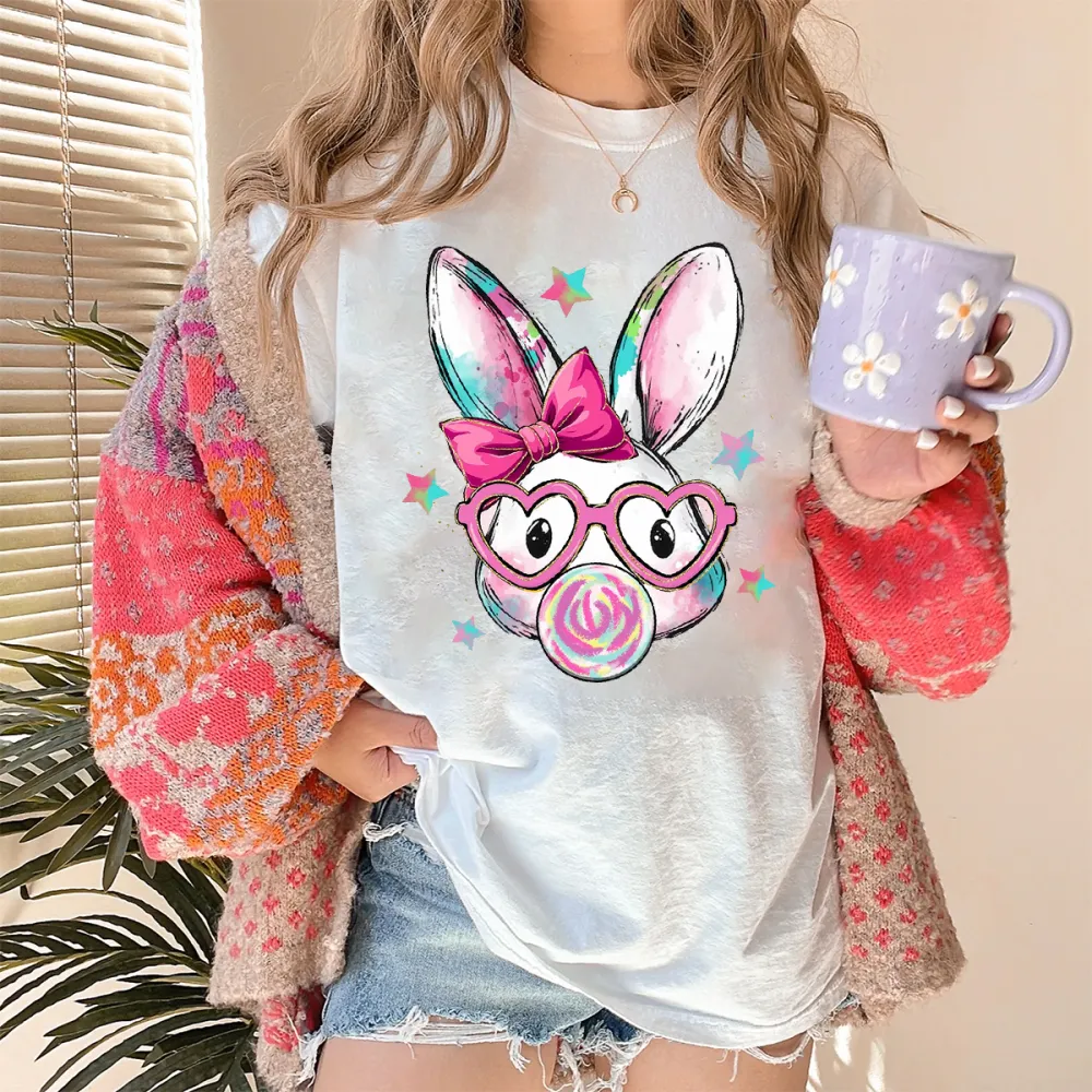 Colorful Love Bow Bunny Blowing Bubbles Printed Round Neck Short Sleeve T-Shirt
