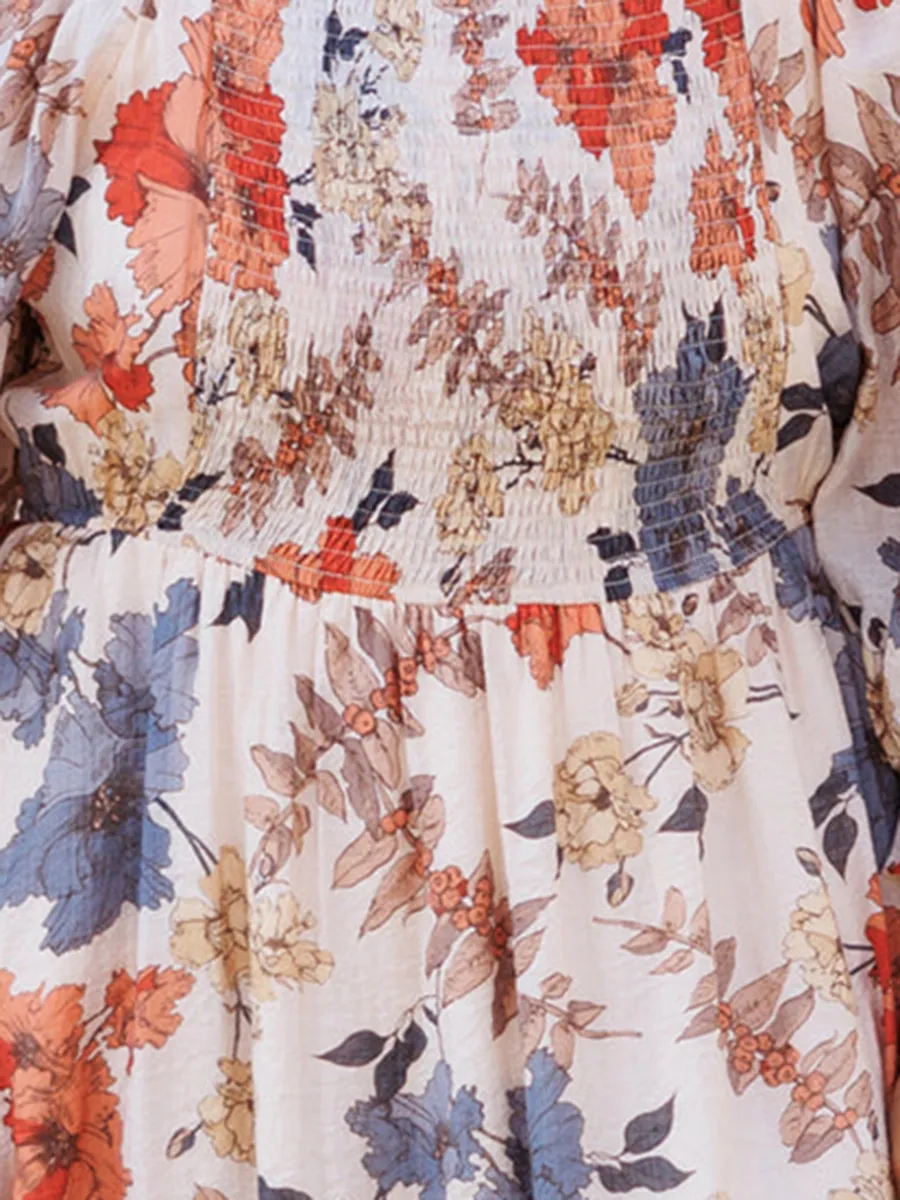 Floral Patterned Square Neck Pleated Loose Fitting Dress