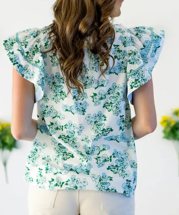 Green Floral Meets Stripes V Neck Flutter Sleeve Blouse