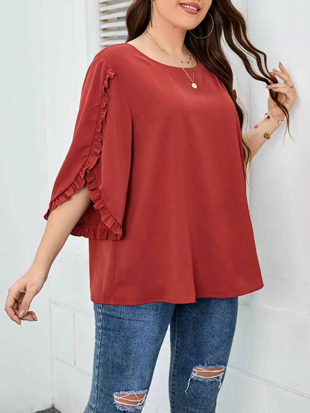 Women Casual Large Size Red Short Sleeve Loose Top