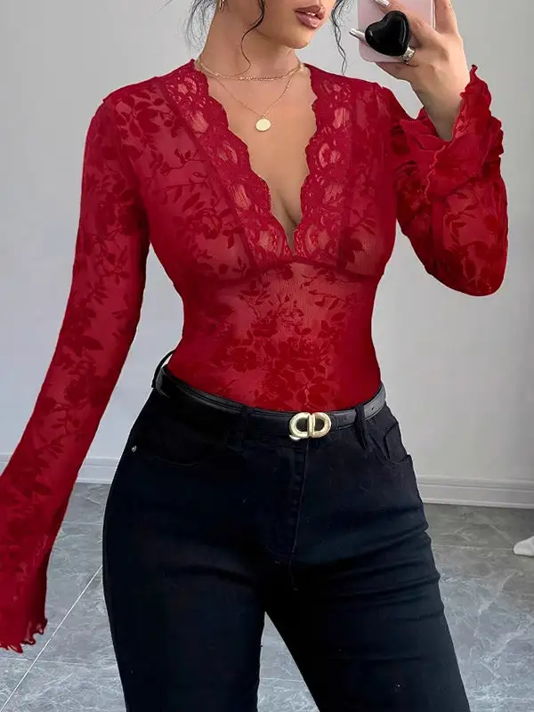 Flared Sleeve Long Sleeve Deep V-Neck T-Shirt