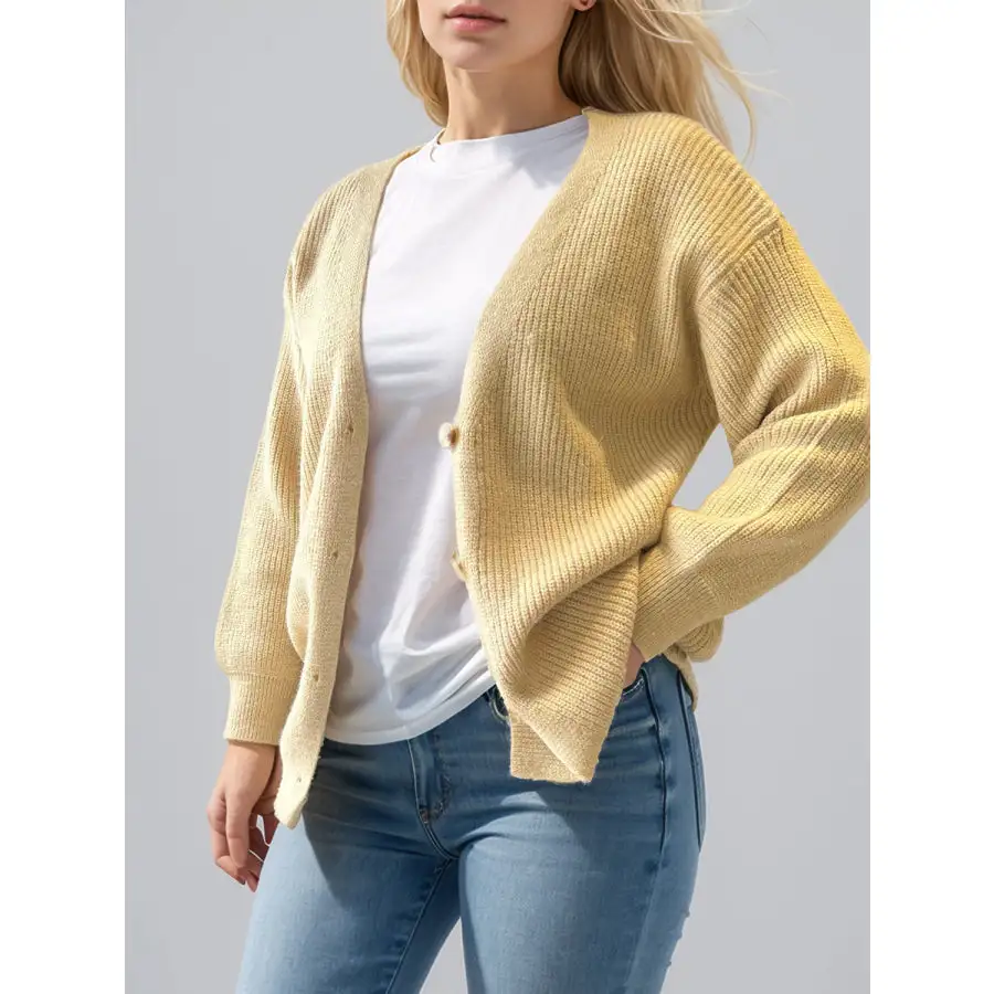 Button Down V Neck Long Sleeve Cardigan