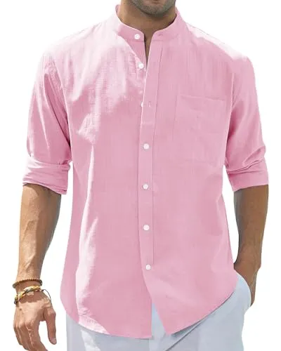 Men's Cotton Linen Long Sleeve Shirts Casual Button Down Banded Collar Shirt Beach Summer Tops with Pocket