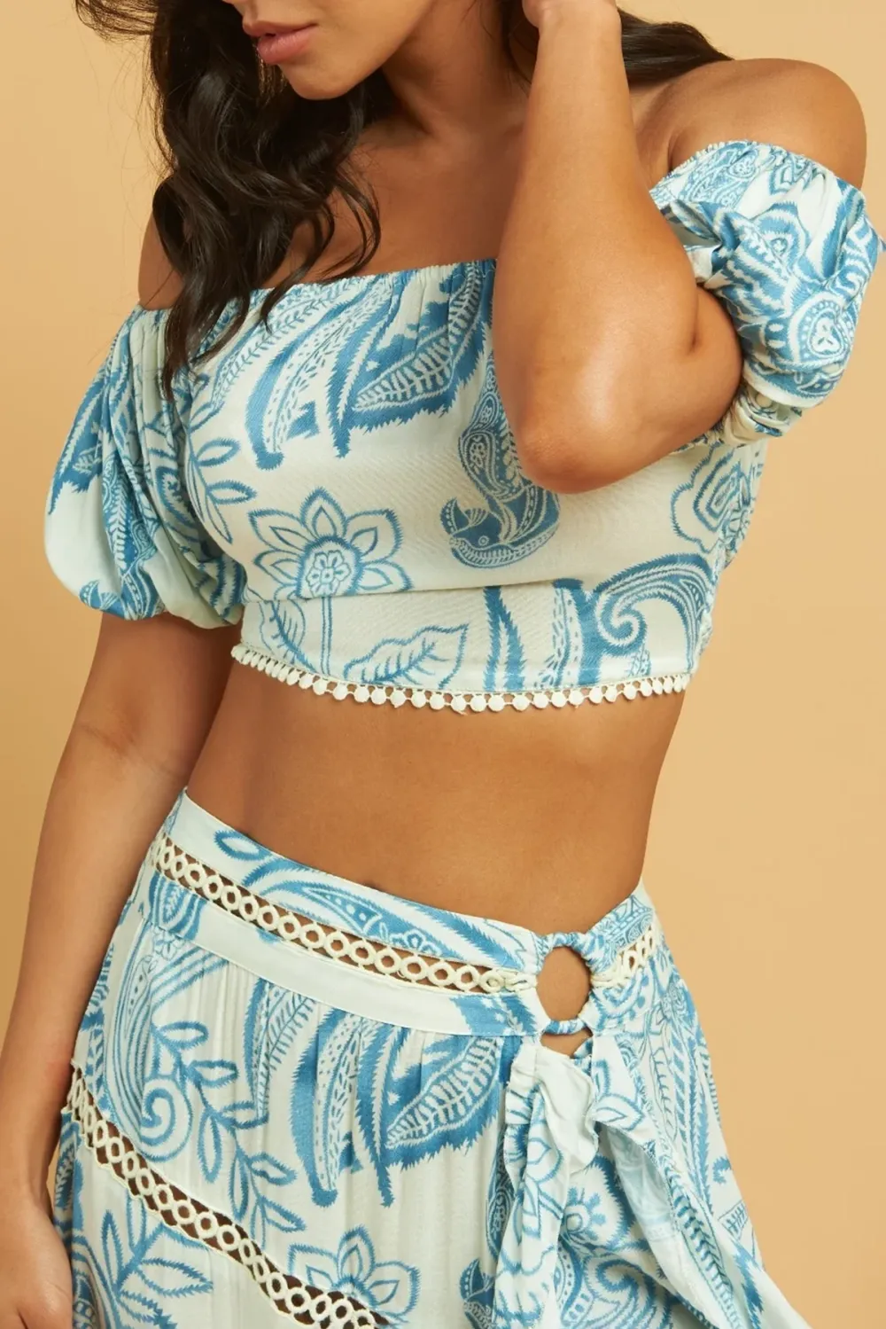 Blue Print Off Shoulder Crop Top