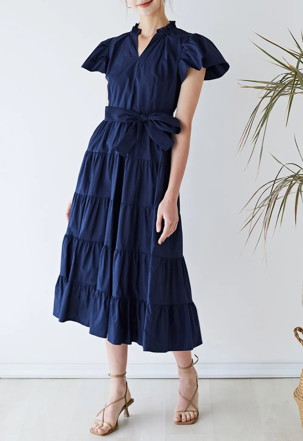 V-NECK FLUTTER SLEEVE RUFFLE COTTON DRESS IN NAVY