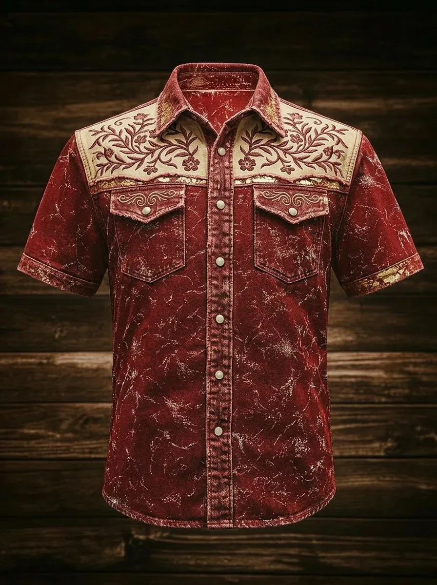 Men's Western Style Floral Embroidered Acid Wash Printed Shirt