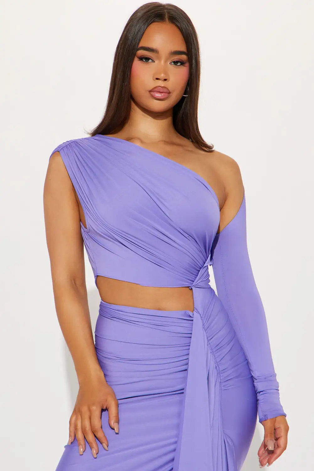 One Shoulder Ruched Midi Dress - Purple
