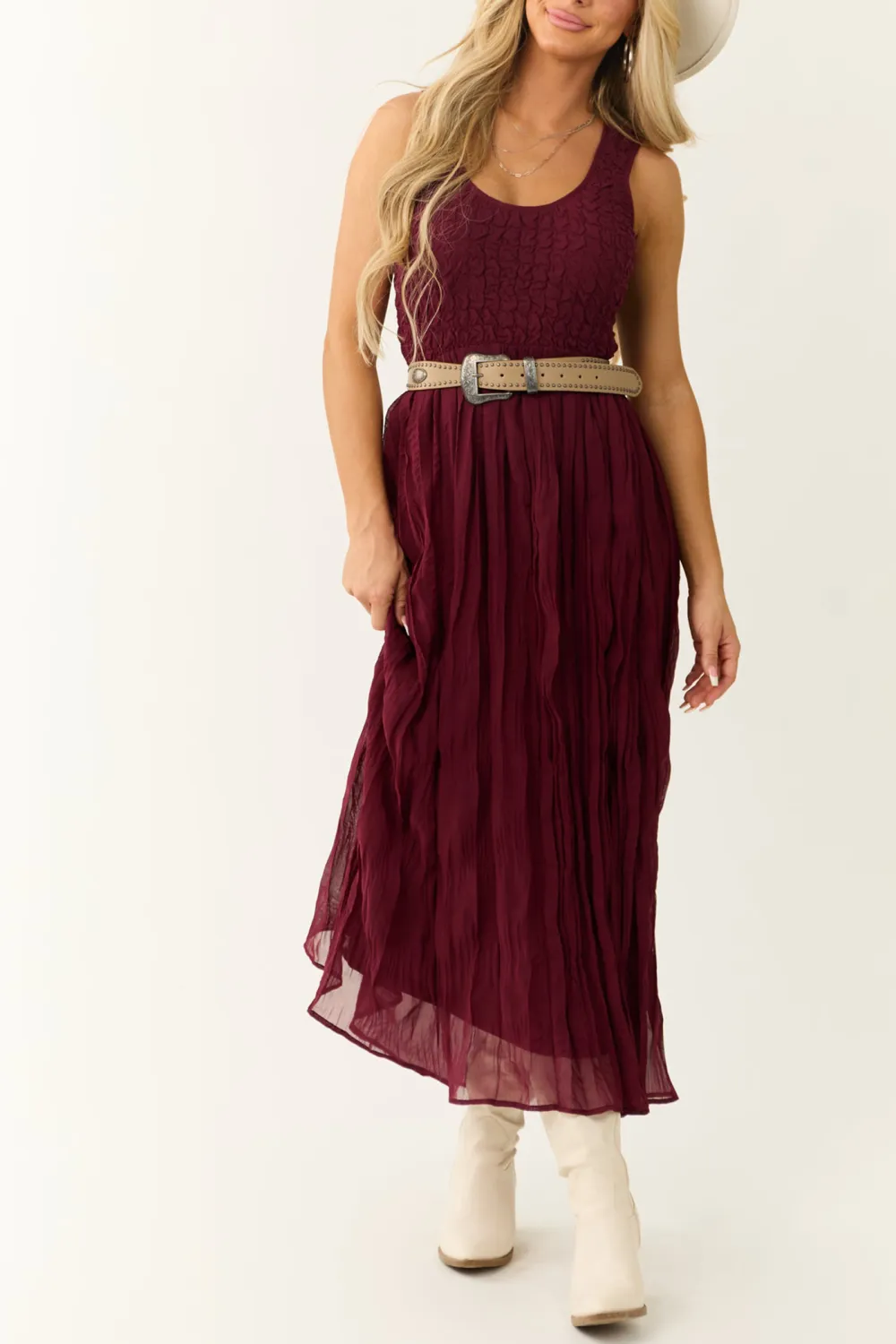 Wine Sleeveless Smocked Scoop Neck Maxi Dress
