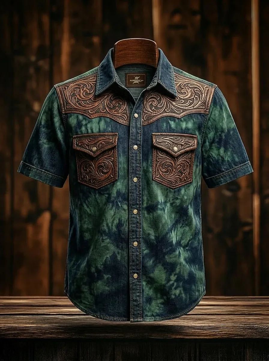 Men's Western Cowboy Tooled Leather Pattern Printed Shirt-2