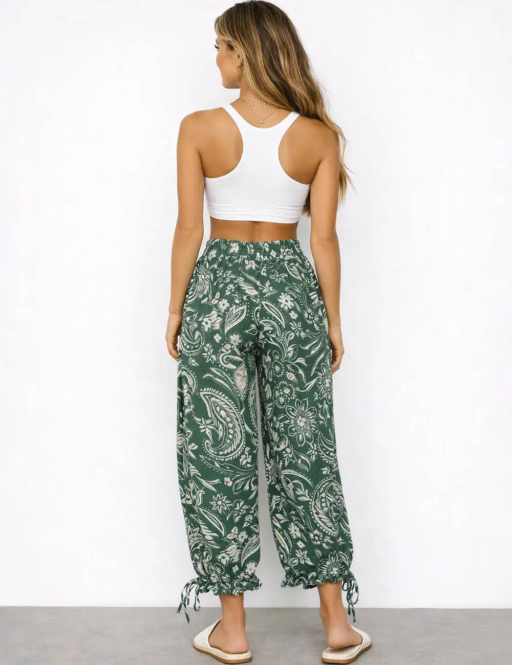 Paisley Drawstring Hem Lantern Leg Pants