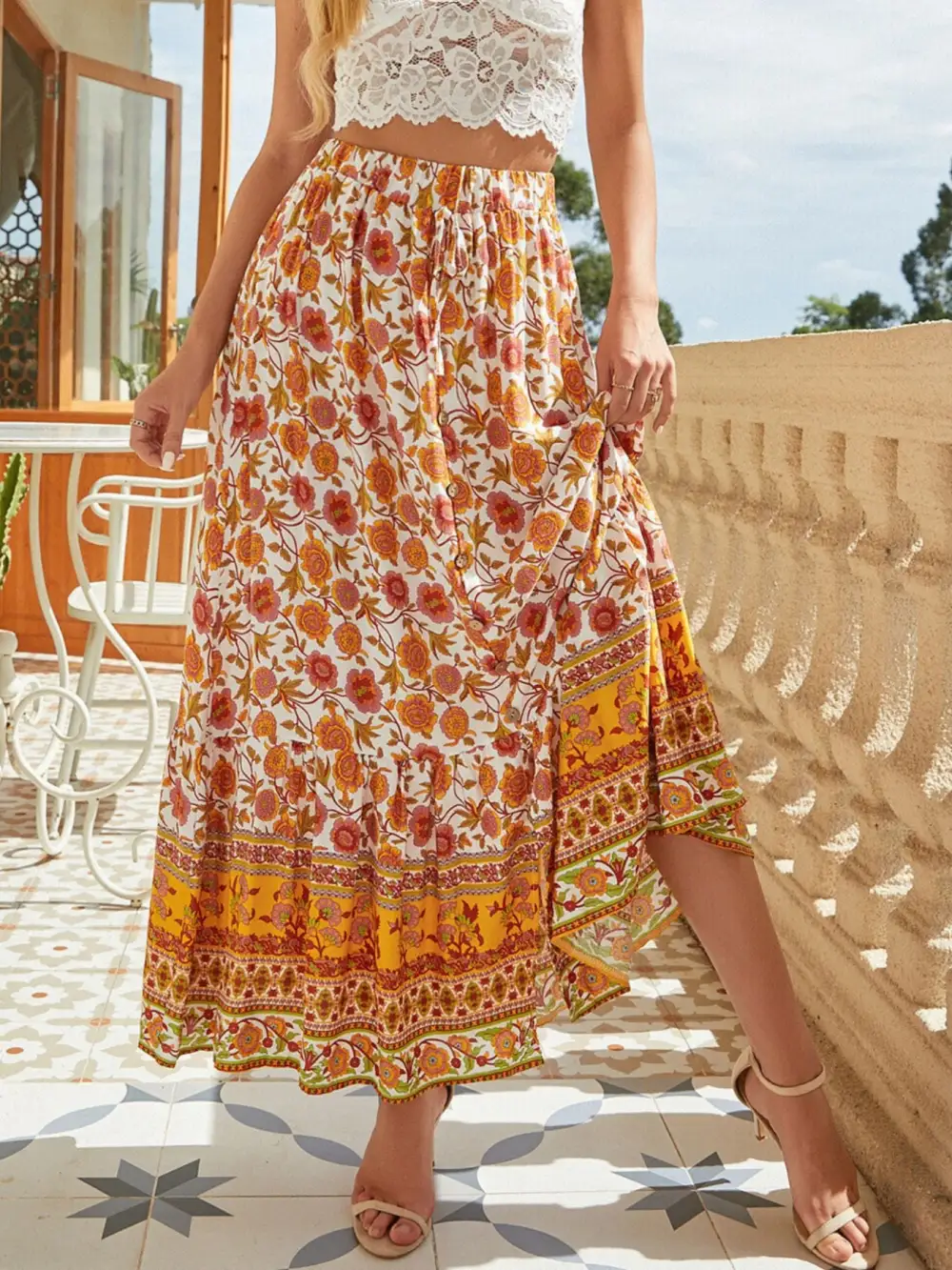 Floral Side Slit Skirt