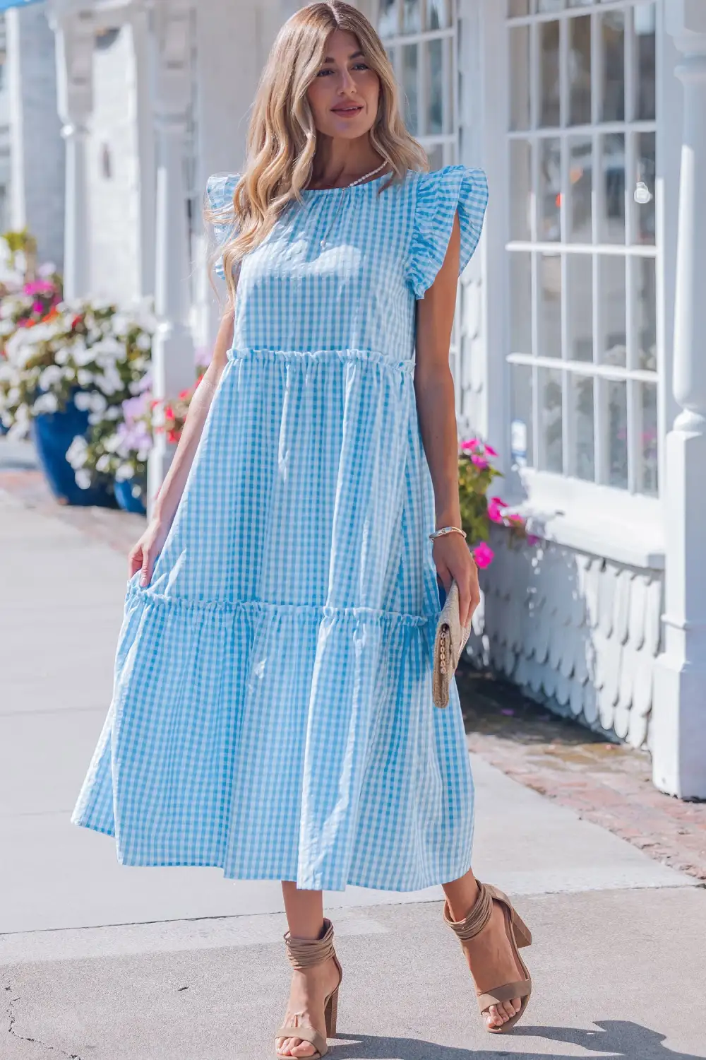 Structured Shape Plaid Ruffle Short Sleeve Maxi Dress