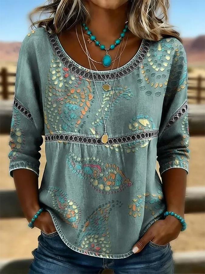 Women's Vintage Floral Art Print Casual Hollow Denim Shirt