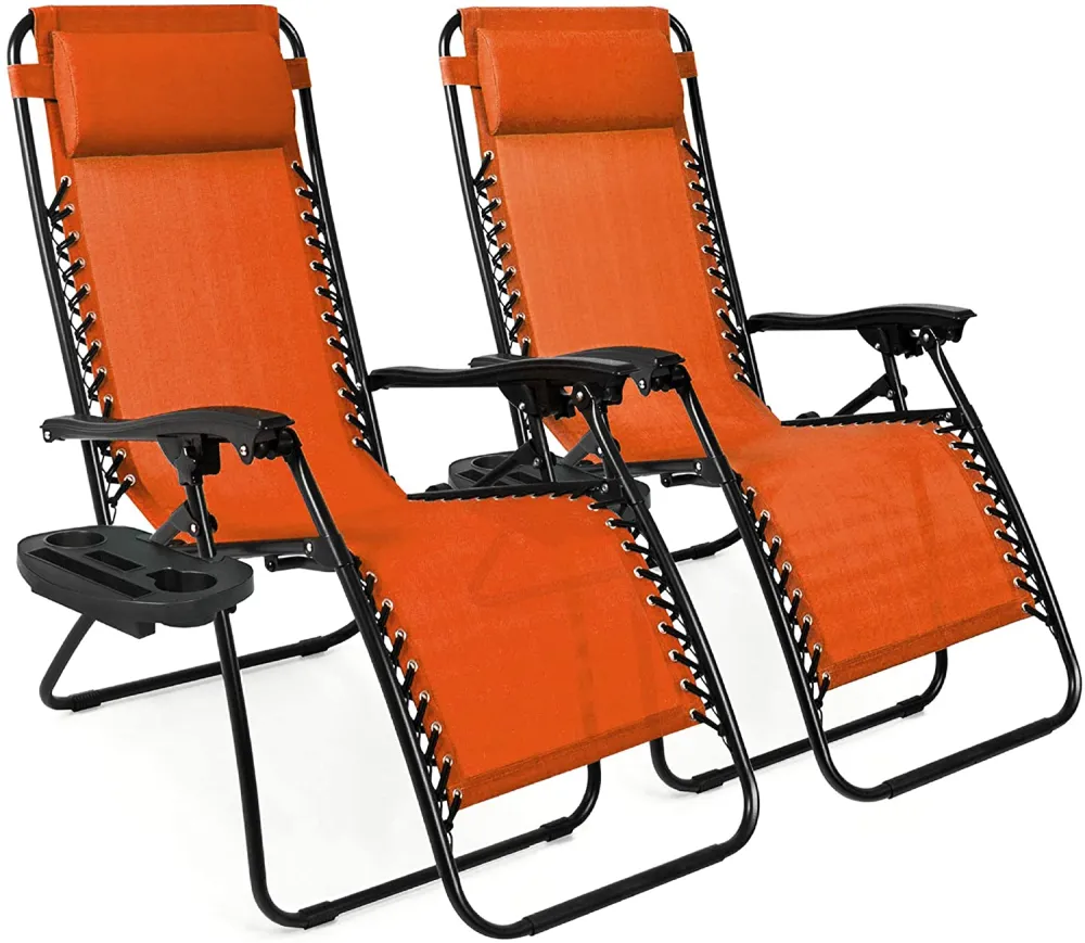 Set of 2 Adjustable Steel Mesh Zero Gravity Lounge Chair Recliners w/Pillows and Cup Holder Trays