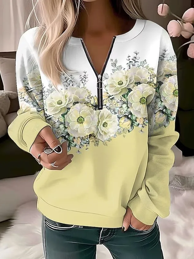 Casual Crew Neck Floral Sweatshirt