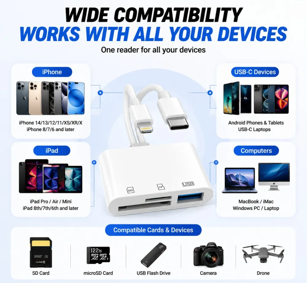 Hot💥Limited-time 50% discount🔌 5-in-1 SD Card Reader for iPhone & USB-C – Fast Photo & Video Transfer Adapter
