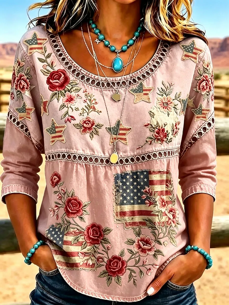Women's Casual Round-Neck Printed Cotton-Linen Top