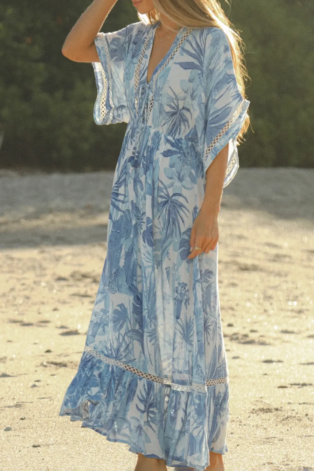 Blue And White Tropical Print V Neck Maxi Dress