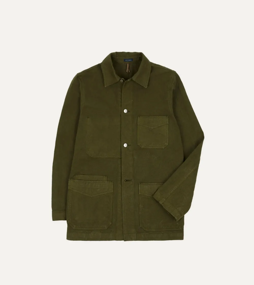 Olive Cotton Duck Canvas Five-Pocket Chore Jacket Casual Style