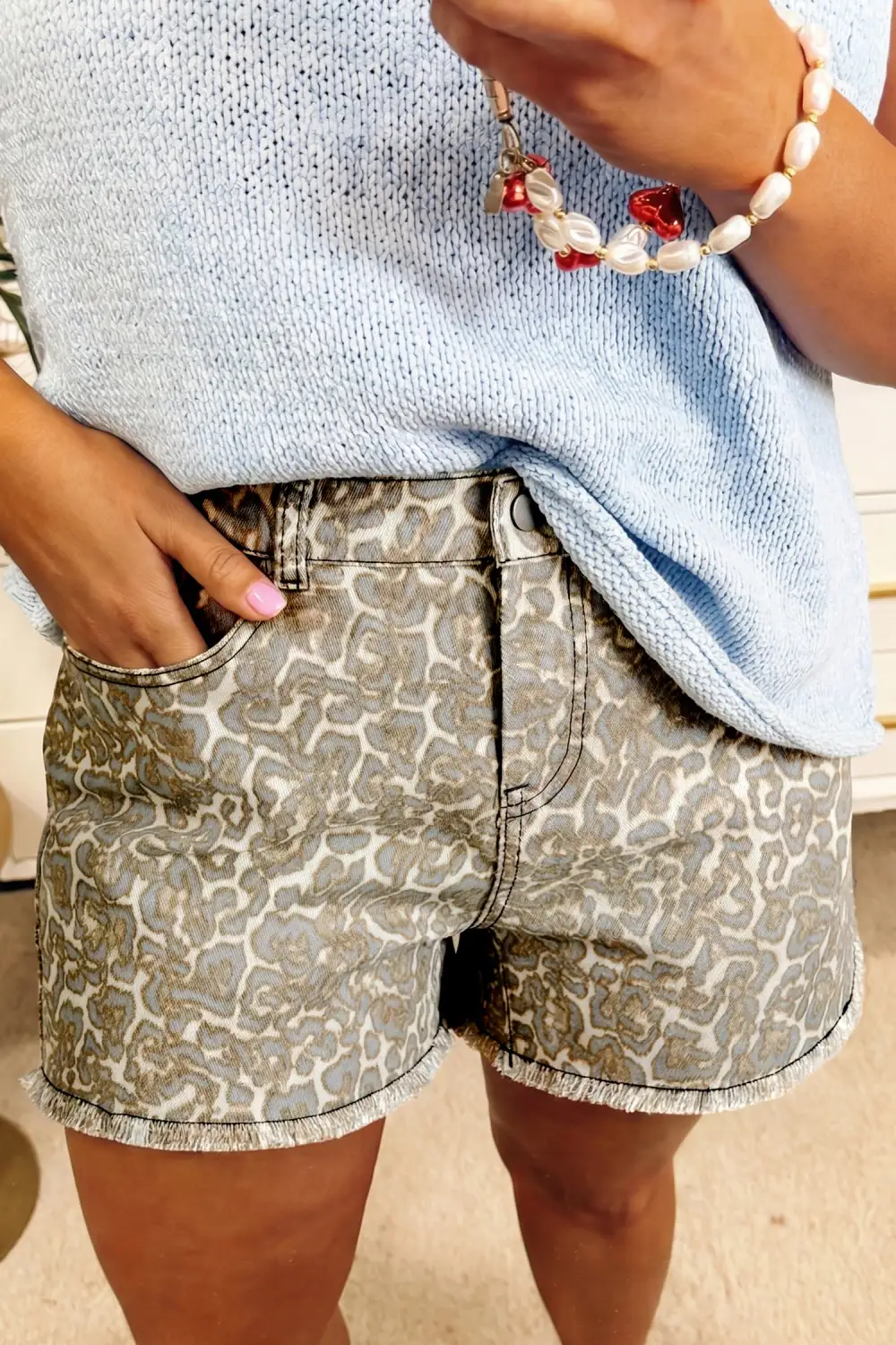 Raw Edge Leopard Print Denim Shorts