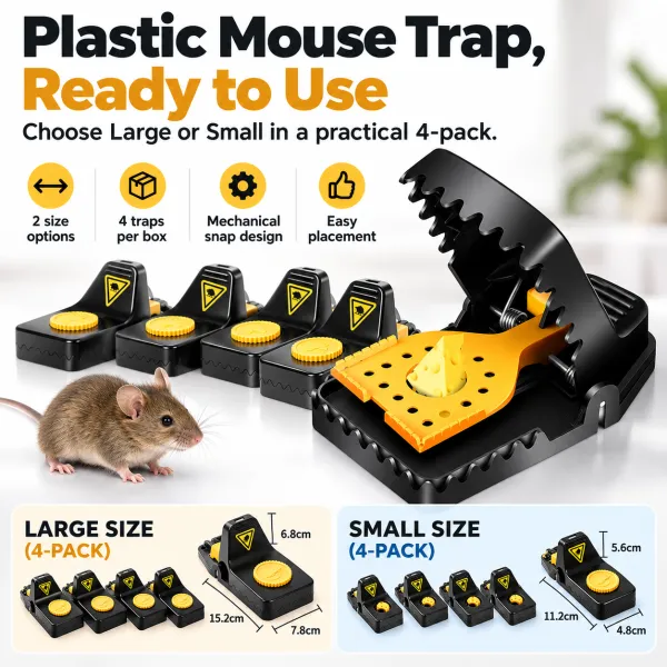 Heavy-Duty Rat Traps, 4-Pack Large or 6-Pack Small, Reusable Powerful Spring Traps, Easy Bait Setup, Indoor & Outdoor Use, for Home, Garage, Yard, Voles and Chipmunks