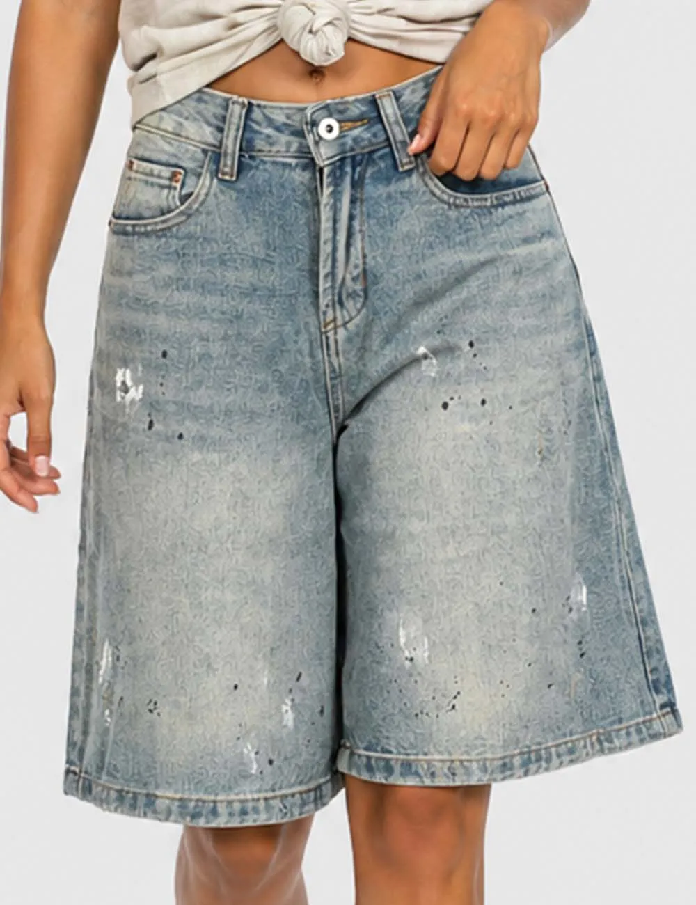 Distressed Wide Leg Denim Bermuda Shorts