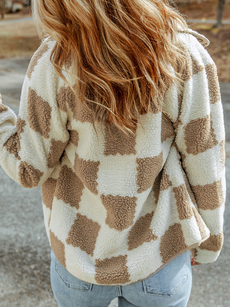 White Checked Snap Button Sherpa Jacket