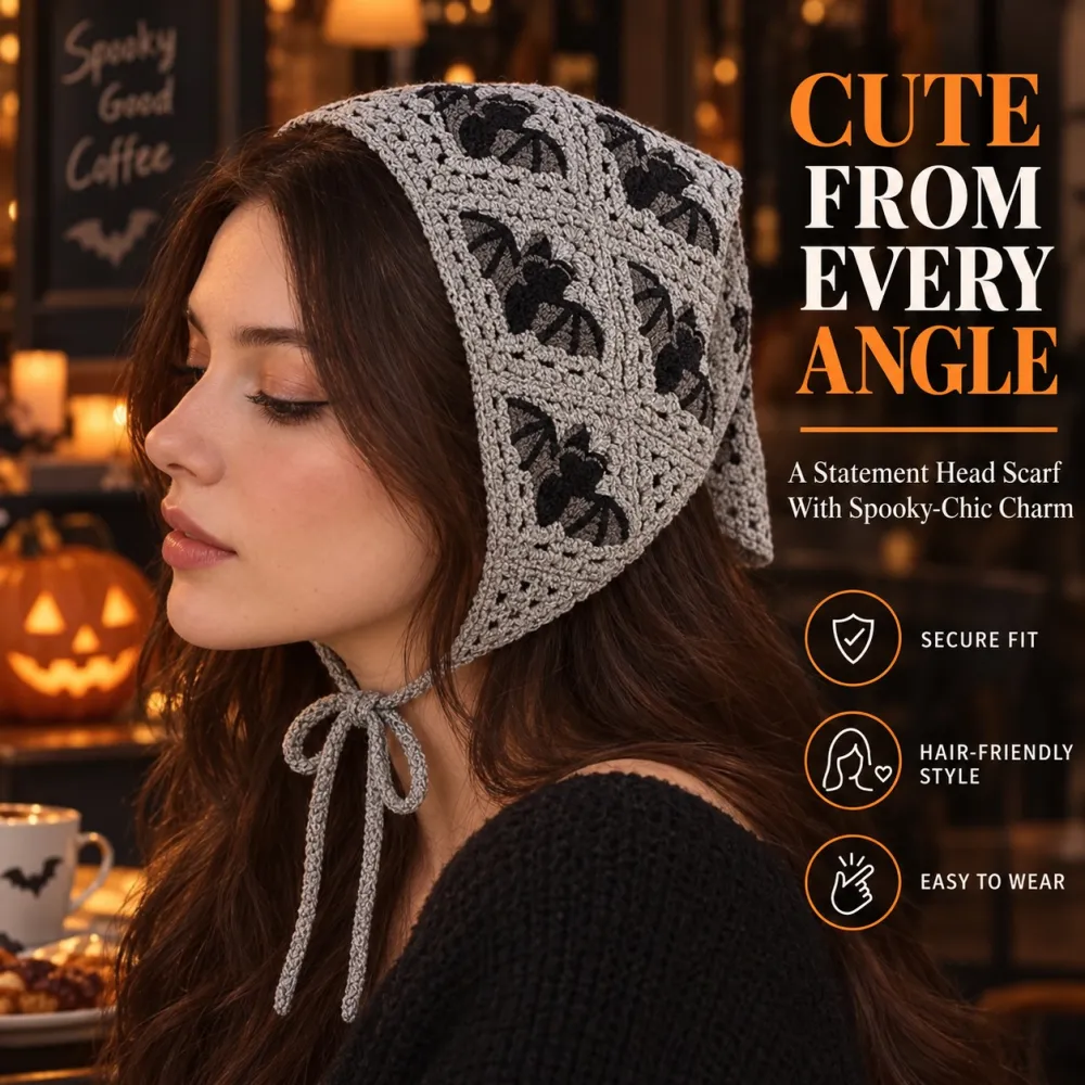 Women's Halloween Polyester Triangle Bandana - Crochet Boho Bandana with Ghost/Bat/Web Pattern, Triangle Shape