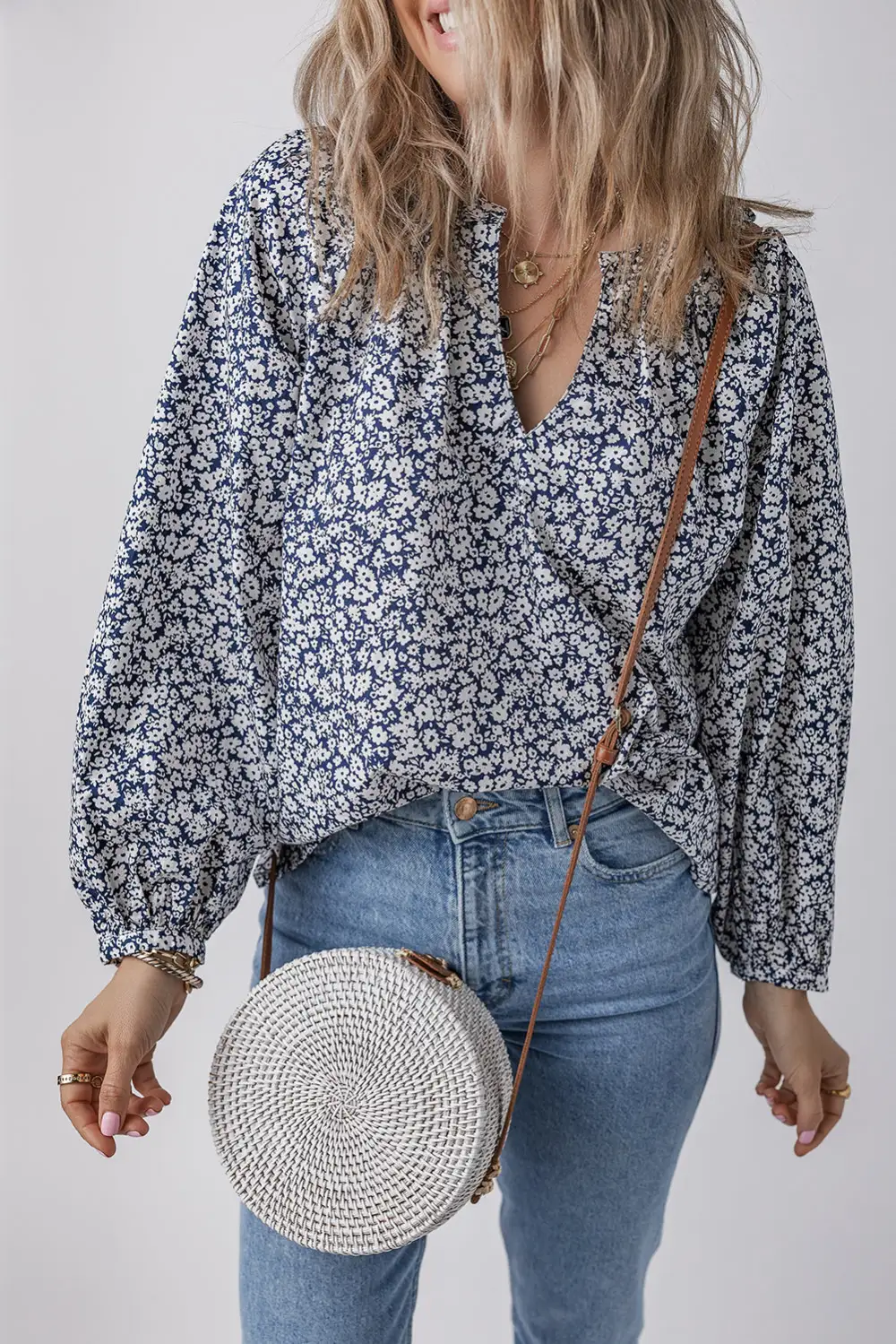 Floral V-Neck Notched Neck Blouse