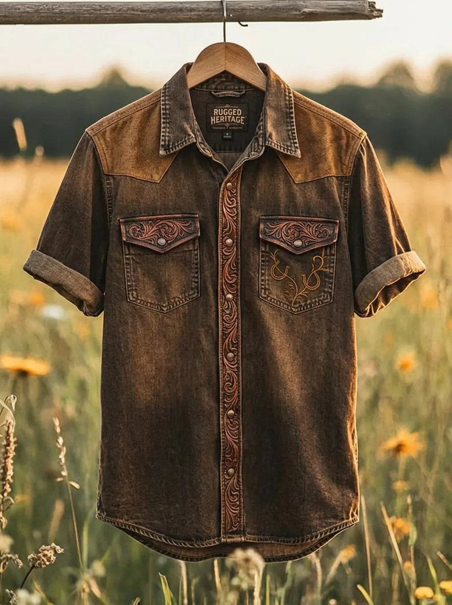 Men's Western Cowboy Floral Tooled Leather Printed Shirt-5