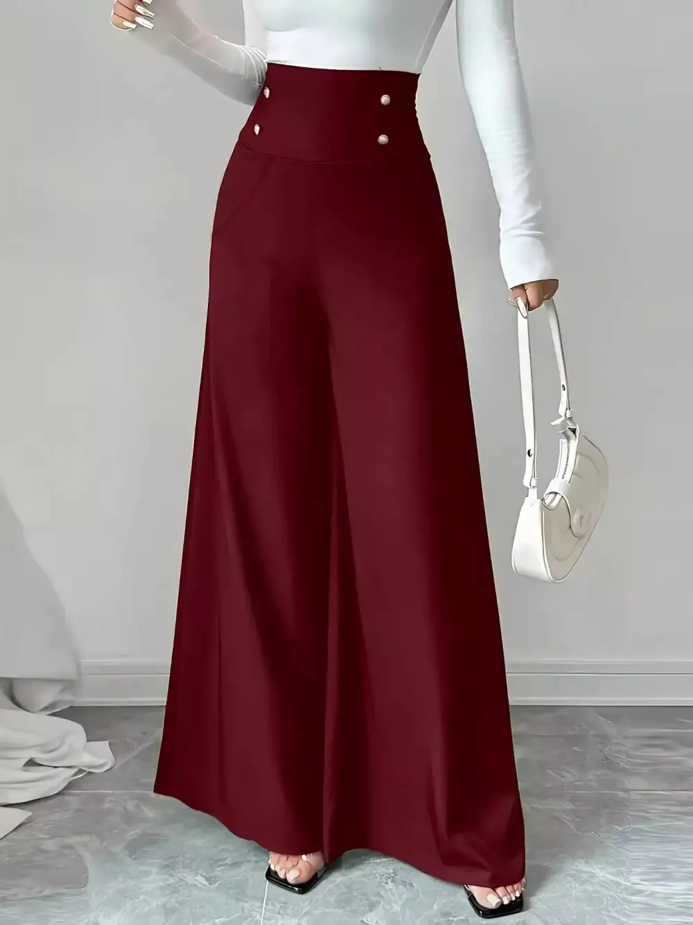 Everyday High Waist Wide Leg Button Decor Pants