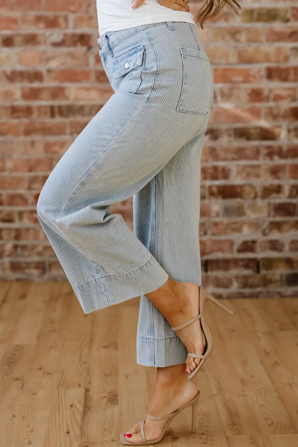 Stripe Button Flap Pocket Cuffed Hem Wide Leg Jeans