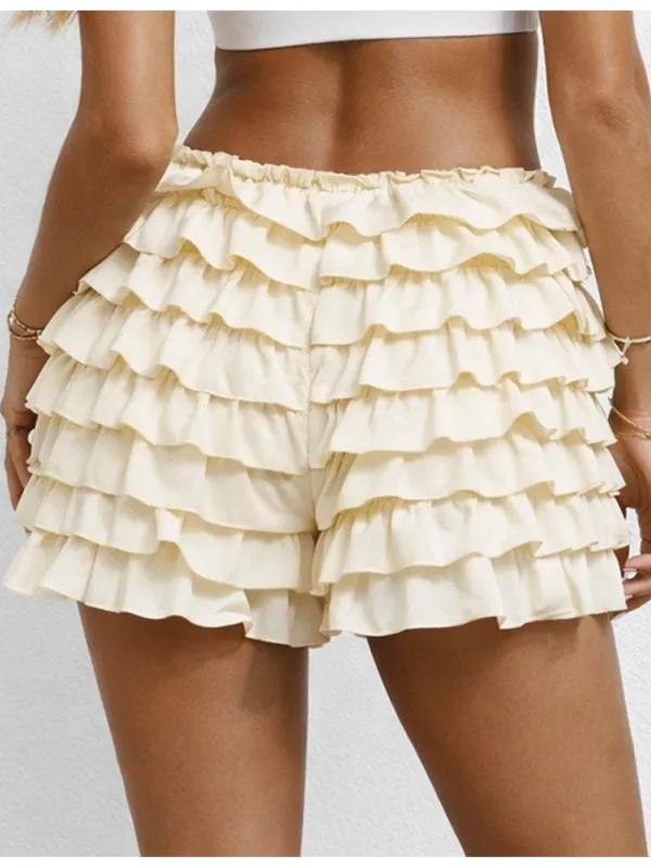 Tiered Ruffle Solid Color Elastic Waist Mini Shorts