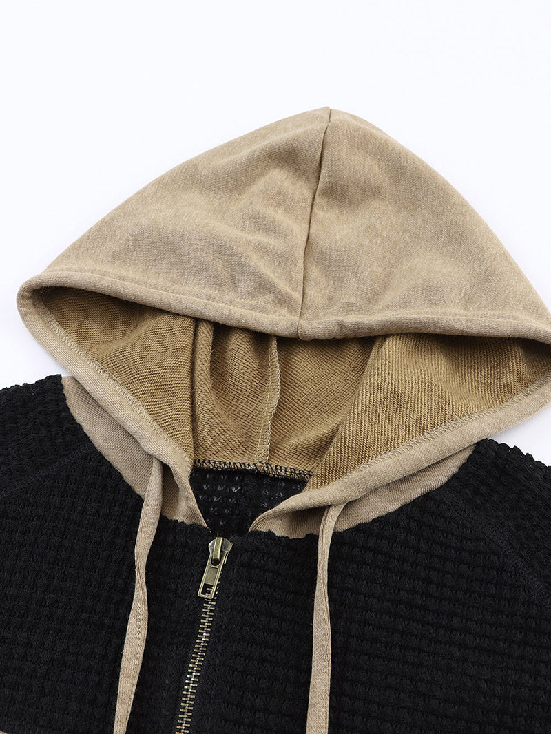 Khaki Waffle Patchwork Vintage Washed Hooded Jacket