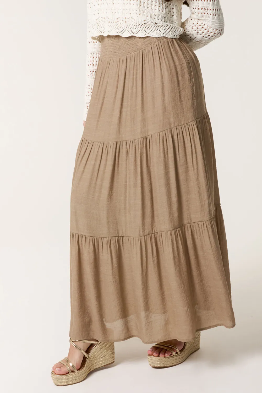 Women's Light Brown Pleated Waist Cake Layered Long Skirt