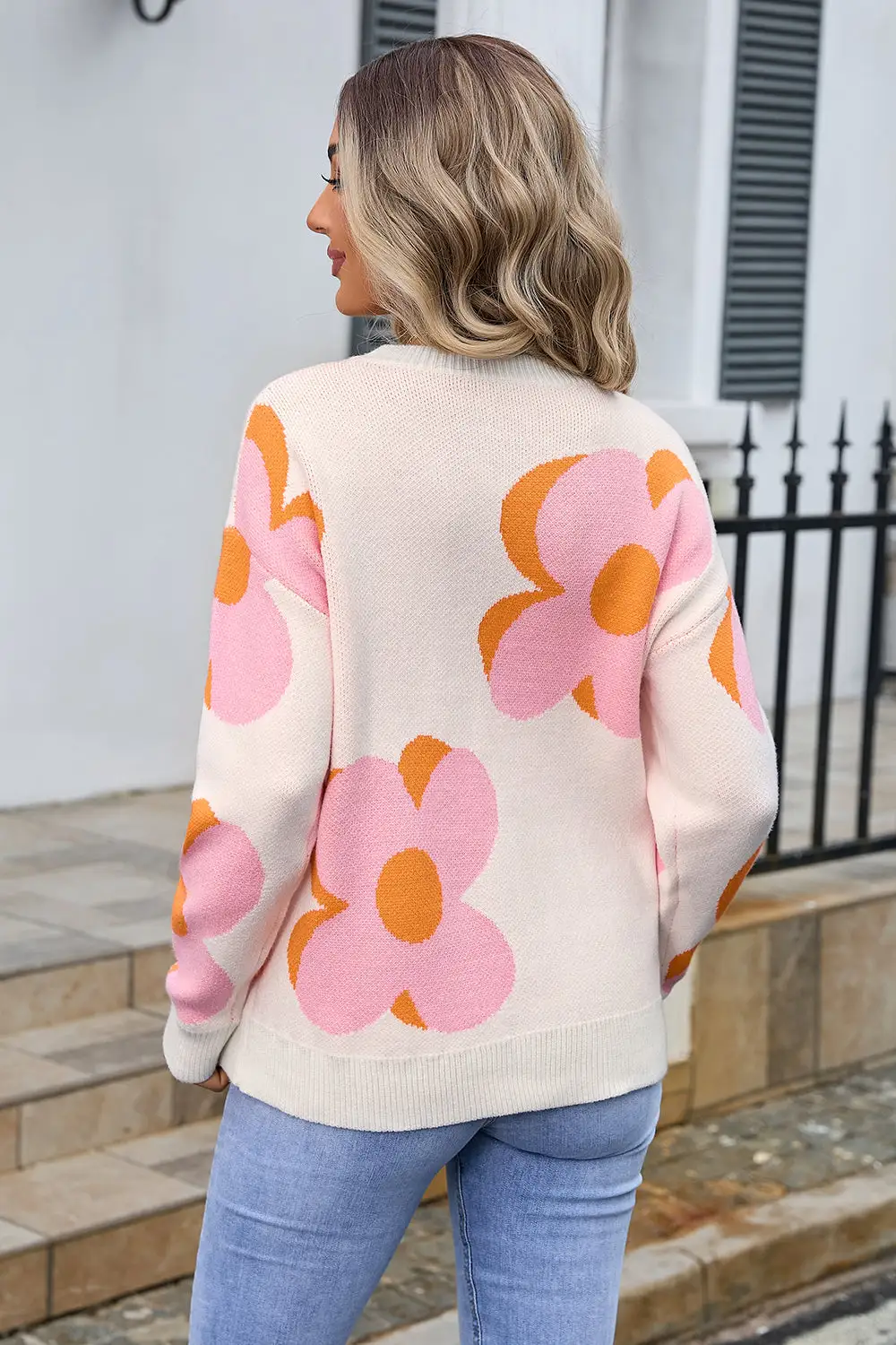 Printed Round Neck Big Flower Sweater