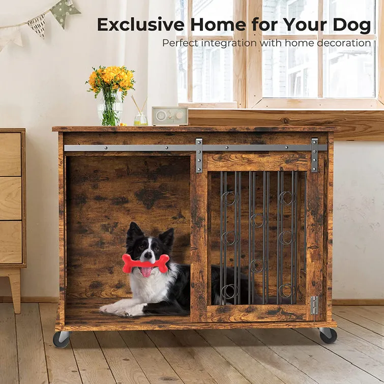 Dog Crate Furniture With Divider For 2 Small To Medium Pets, Wooden Cage End Table, Heavy Duty Indoor Puppy Kennel With Removable Divider And Sliding Door, 39.37'w*25.2'd*28.94'h