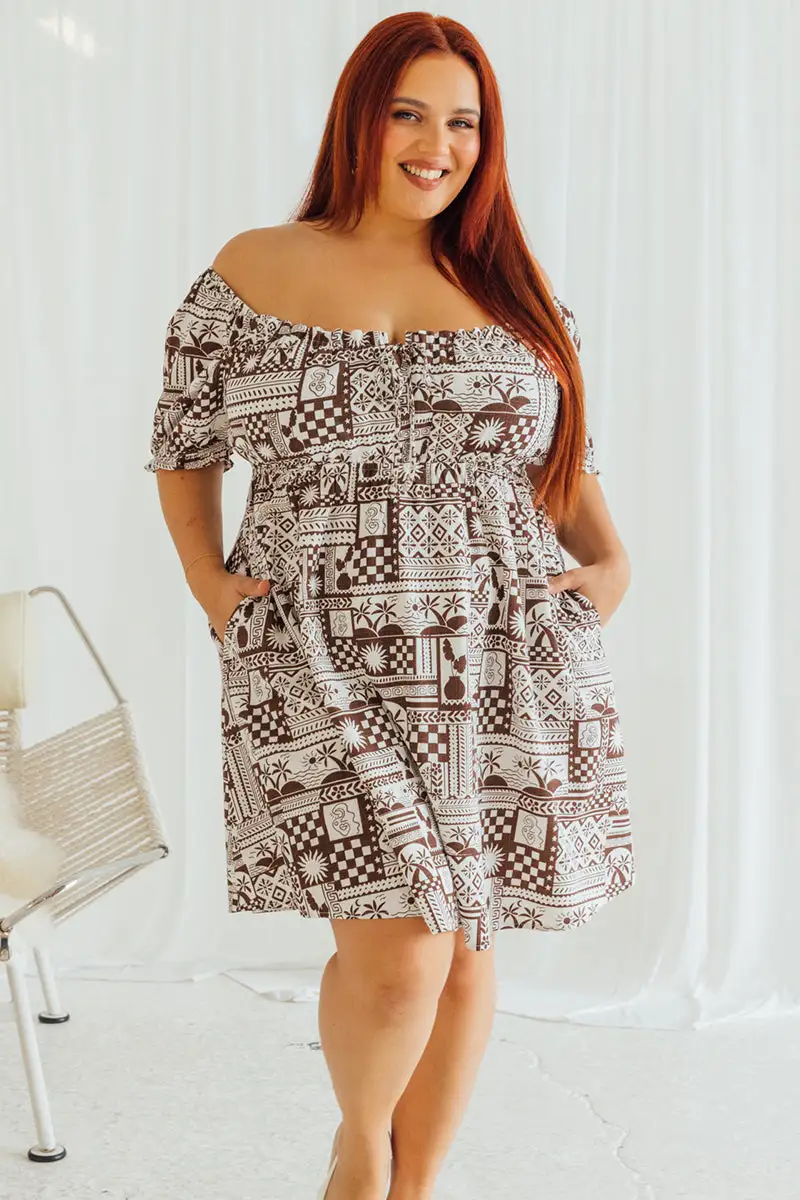 Brown Abstract Mini Dress Puff Sleeve Linen Blend