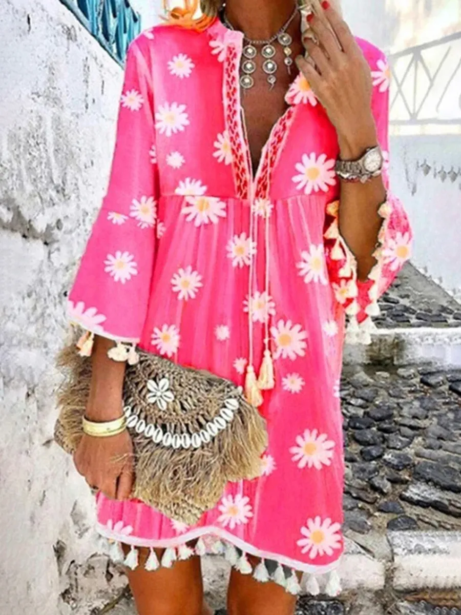 Elegant patchwork floral tassel V-neck A-line dress