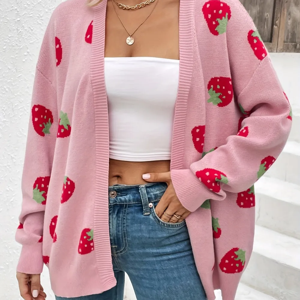 Strawberry Cardigan: Spring/Fall Style (Open Front, Long Sleeves)