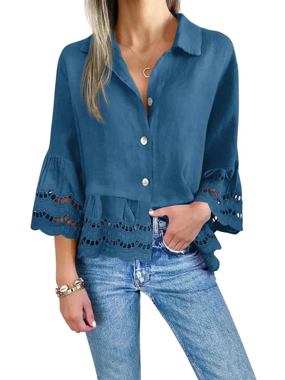 Women's Eyelet Lace Blouse Tops (Buy 2 Free Shipping）
