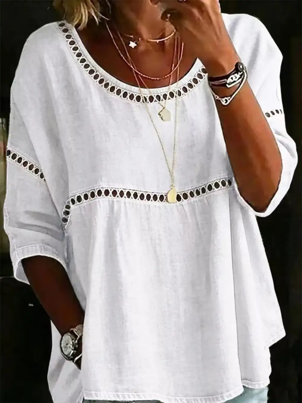 Hollow Out Round Neck Top Plus