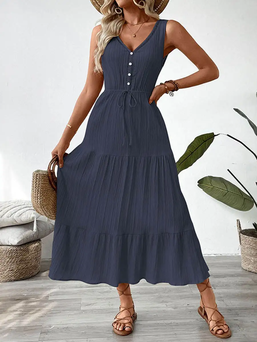 Waisted Pleated Buttoned Neck Maxi Dress