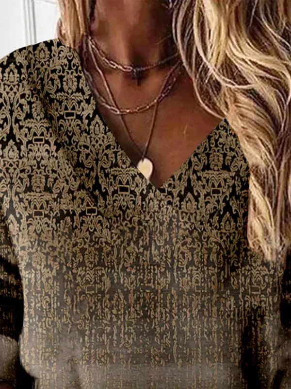 Ethnic Long Sleeve V Neck Casual Tunic Sweatshirt