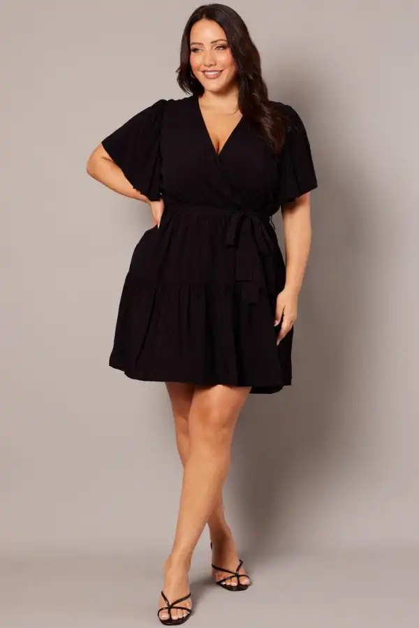 Black Wrapover Mini Dress Flare Sleeve Tie Waist