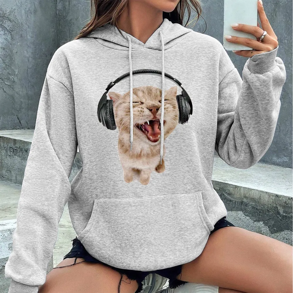 CUTE CAT LISTENING MUSIC PATTERN PRINTED HOODIE