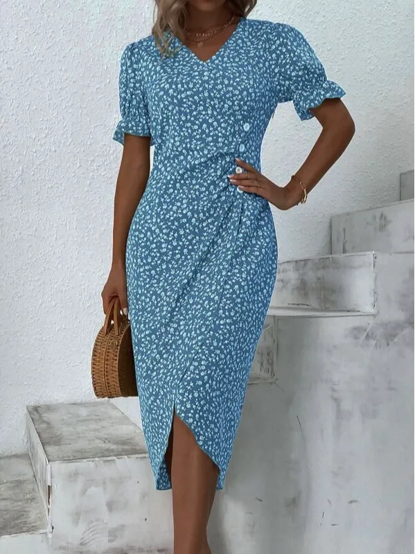 Women Vacation Floral Print V Neck Button Dress