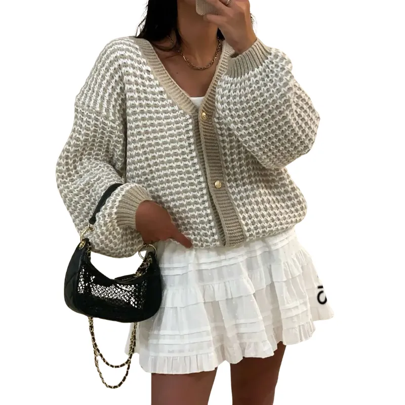 Button Front Contrast Knit Cardigan
